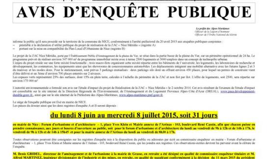 Enquête publique emportant mise en compatibilité du PLU de la commune de Nice sur la ZAC Nice Méridia du lundi 8 juin au mercredi 8 juillet
